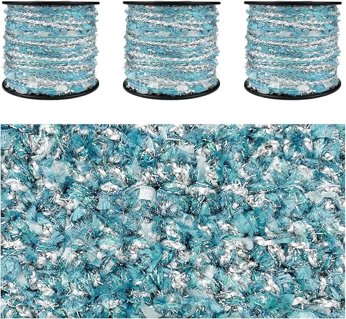 Artisanal Yarn Collection Multifiber Fancy Yarn for Knitting Crocheting Crafts DIY, Set of 3 Rolls (Ice Blue)