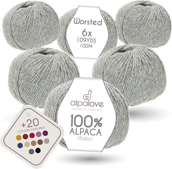 Worsted Set (6 x 1.75 oz) Super Soft Baby Alpaca Knitting Yarn Light Gray 656 Yards