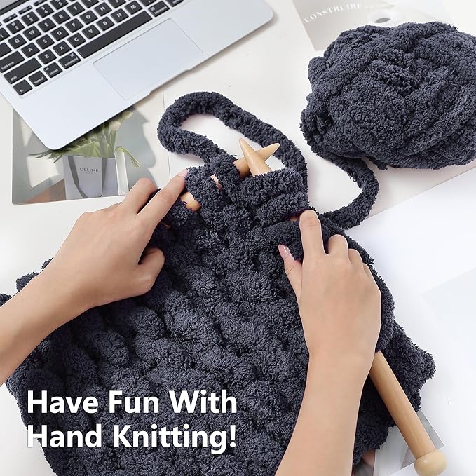 Chunky Yarn for Hand Knitting - #10 Chunky Chenille Yarn, Jumbo Big Thick Chunky Yarns for Crocheting, Super Bulky Chunky Knit Blanket Yarns, 8 Skein (25 yds 8 oz Each Skein), Charcoal Grey