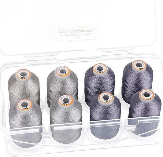 New brothread - 20 Options - 8 Snap Spools of 1000m Each Polyester Embroidery Machine Thread with Clear Plastic Storage Box for Embroidery & Quilting - 4xSilver+4xPewter