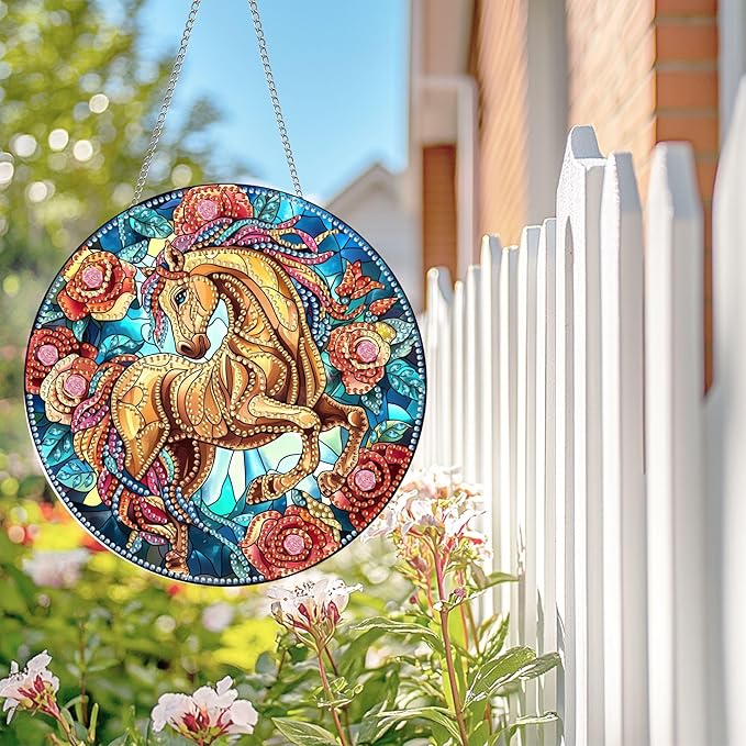 Wergund 5D DIY Horse Diamond Art Hanging Kits, Hanging Diamond Art Rose, Acrylic Special Shaped Rhinestone, Window Hanging Pendants for Home Wall Garden Front Door Outdoor Decor Gift(Horse)