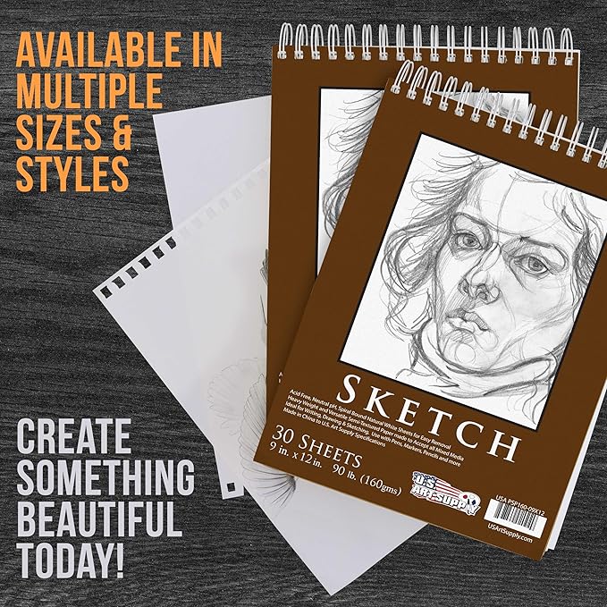 u.s. art supply 9”x12 premium heavy-weight paper spiral bound sketch book: 90 pound (160gsm), 30-sheet drawing pad (2 pack)