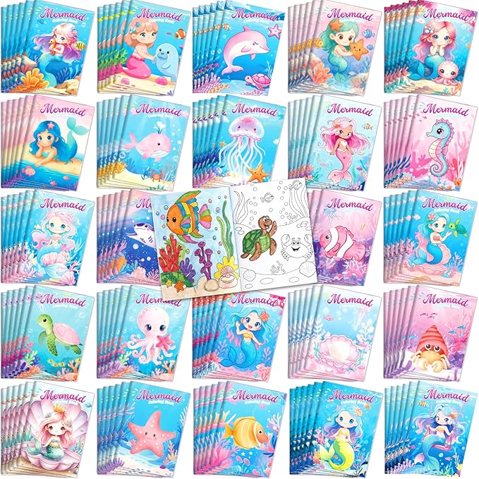 Liliful 144 Pcs Mermaid Coloring Book Bulk Mini Mermaid Theme Drawing Book with Sea Creature Shell Patterns Ocean Party Favors Goodie Bag Filler and Holiday Gifts