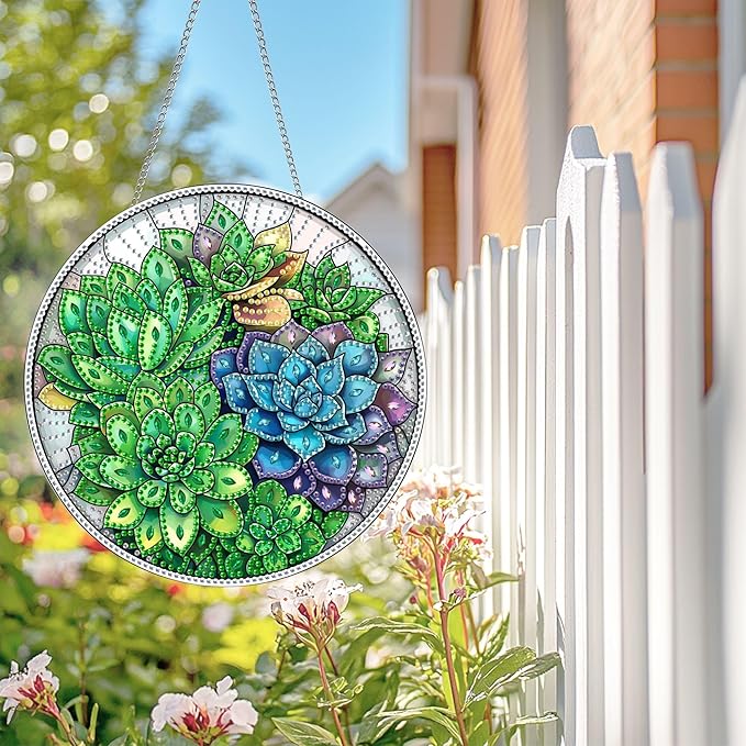 Wergund 5D DIY Succulent Diamond Art Hanging Kits, Hanging Diamond Art Plant, Acrylic Special Shaped Rhinestone, Window Hanging Pendants for Home Wall Garden Front Door Outdoor Decor Gift(Succulent)