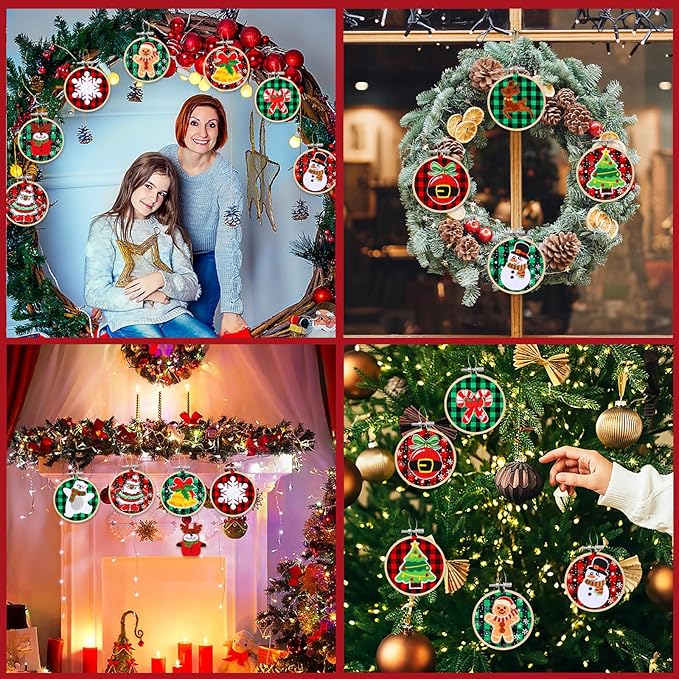 FEBSNOW 12 Pieces Christmas Embroidery Ornament Kit, Including 3 Inch Embroidery Hoops, Self Adhesive Christmas Patches and 5 Inch Squares Plaid Fabric for DIY Holiday Xmas Party Decoration