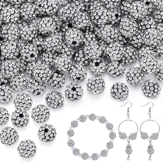 150pcs 10mm Rhinestone Beads for Jewelry Making, Black White Shiny Round Shamballa Disco Ball Beads, Sparkle Crystal Clay Christmas for Bracelet Baseball Necklace Earring Crafting and DIY