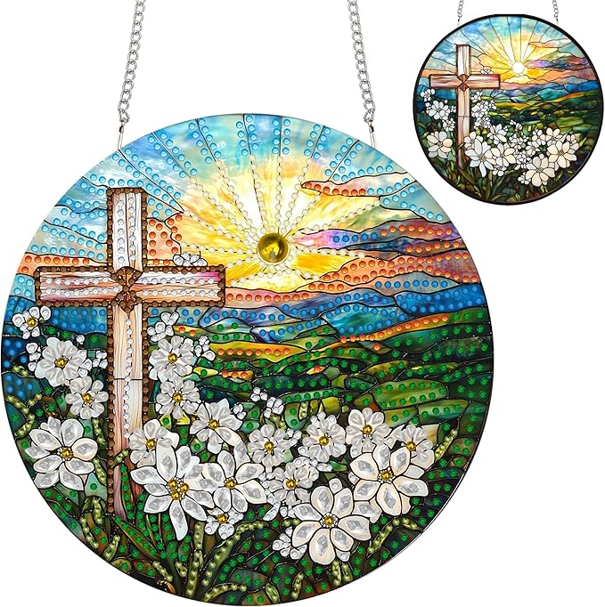 Zariocy Hanging Diamond Art Ornament View of The Cross Kits for Adults – Special Crystal Double Sided Pendant, DIY Diamond Painting Acrylic Board Window Pendants Home Garden Hanging Decor 8x8 inch