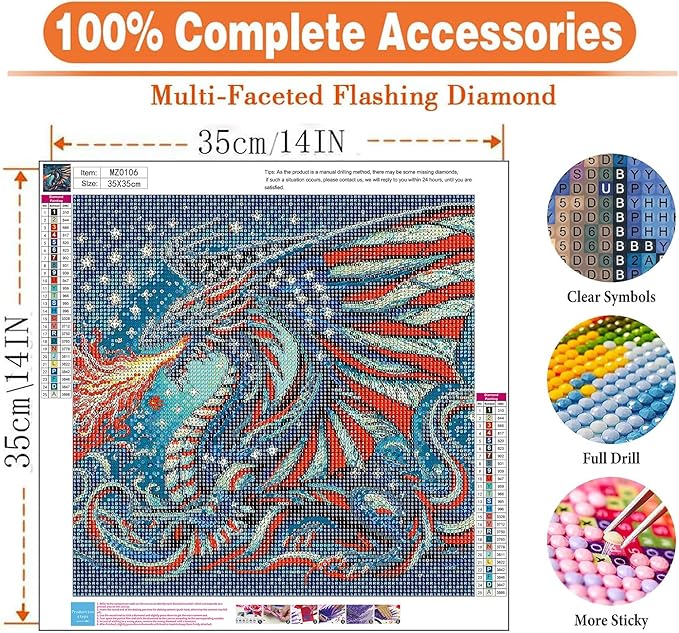 igoodom Independence Day Diamond Art Kits for Adults, July 4th Diamond Painting Kit, Full Drill Round Dragon Diamond Art Kits, DIY Gem Art and Crafts for Home Wall Decor Gift 14x14inch