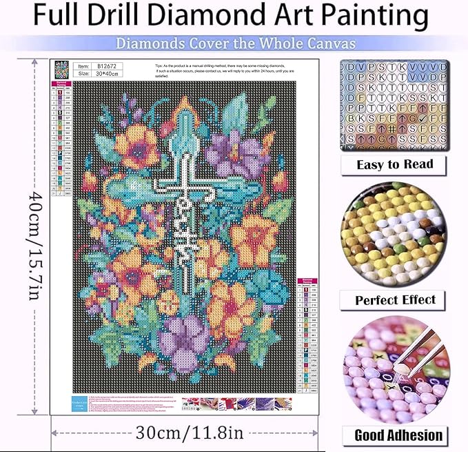 Cross Flowers Diamond Painting Kits for Adults Beginners - Christ Crosses Diamond Art Kits for Adults, Full Drill DIY 5D Diamond Painting Flowers Gem Art Crafts Kits for Home Wall Decor 12x16 inch