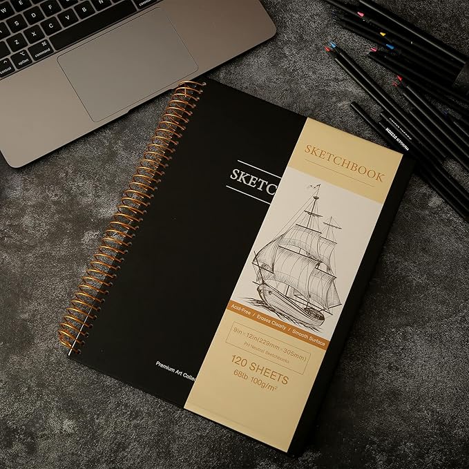 9 x 12 inches Hardcover Sketchbook for Drawing 120 Sheets Spiral Bound Sketch Pad Premium Art Sketchbook Artistic Drawing Painting Writing Paper(68lb/100gsm) for Kids Adults Beginners Artists, Black