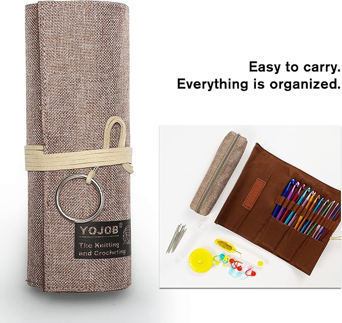 Traditional Aluminum Crochet Hooks Case, 14 Slots Roll-up Crochet Hook Organizer with a Detached Zipper Bag (Beige-Orange)