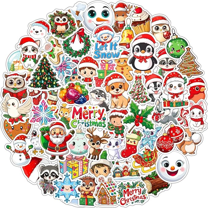 100pcs christmas stickers, non-repeating vinyl waterproof holiday stickers, christmas party favors, stocking stuffers for kids toddlers teens boys girls, activities, gifts, toys, goodie bag stuffers
