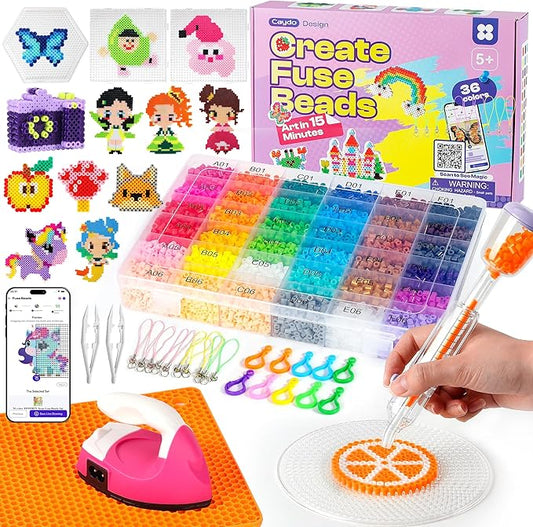 Caydo Fuse Beads Iron Kit with Fuse Bead Pen & App for Enthusiast, 10500pcs 36 Colors 5mm Complete Iron Beads for Kids Kit for Gift Holiday Home DIY Art & Craft Creative Projects