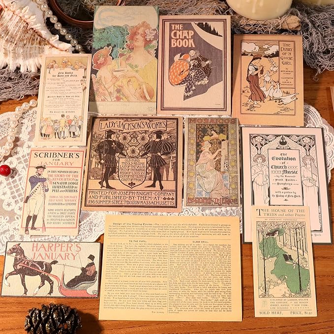 CATaireen Vintage Junk-Journal Mixed Paper Scrapbooking Embellishments Set Retro Journaling Decoupage Stickers Textured Packaging Decorative Cards Tags Kit (Poster C)