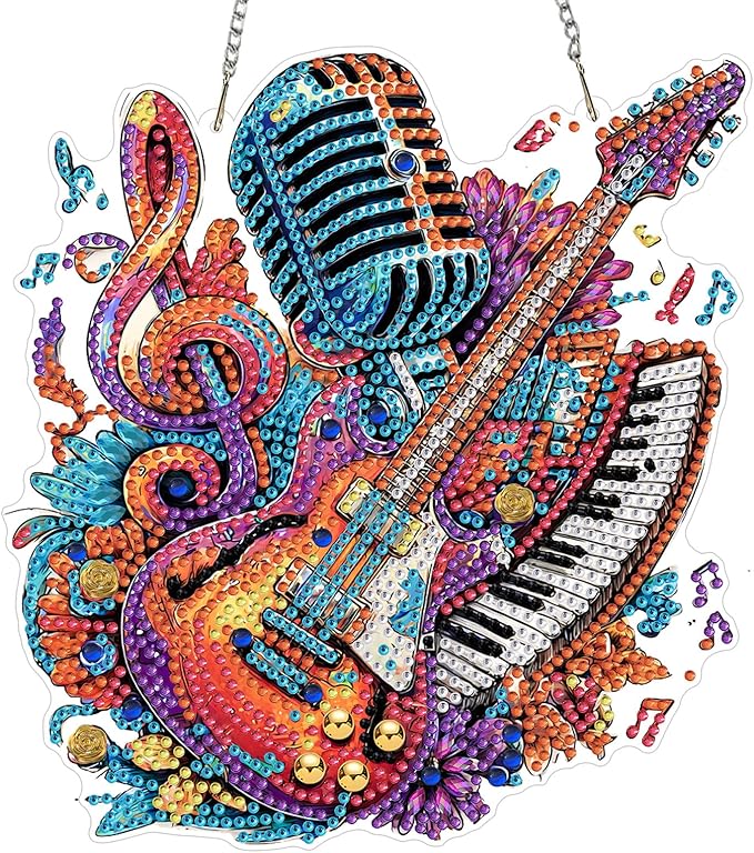 Lxmsja DIY Electric Guitar Diamond Painting Hanging Ornament, Double-Sided Acrylic Musical Notes Diamond Art Kit, Special Shaped Suncatcher Hanging Pendant Window Art Kit