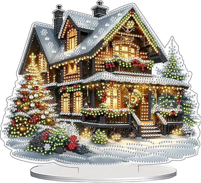 JJFox DIY Tabletop Diamond Art Painting Kit，Special Shaped Rhinestone Desk Placement Ornament，Home Stand Up Gem Painting Craft Kit，Gift,Double Sided. (Christmas House-1)