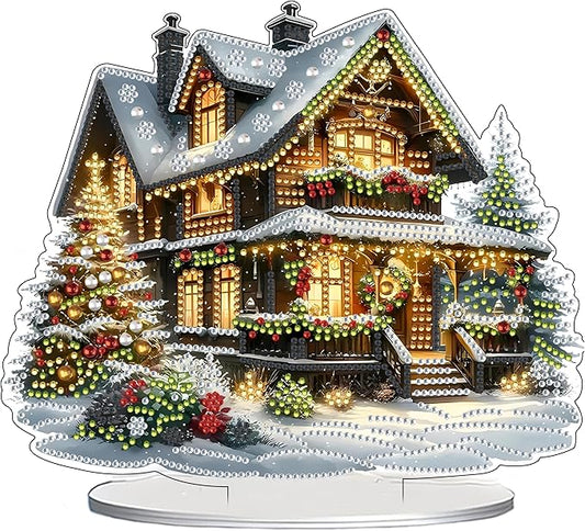 JJFox DIY Tabletop Diamond Art Painting Kit，Special Shaped Rhinestone Desk Placement Ornament，Home Stand Up Gem Painting Craft Kit，Gift,Double Sided. (Christmas House-1)