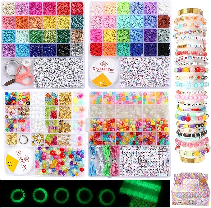 6380 PCS Jewelry Making Kit – 24 Colors Seed Beads, 24 Colors Clay, UV Color Changing & Glow Pony, Letter, Mixed Charms, Tools,Gift Box for DIY Bracelets