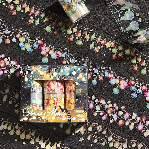 Holiday Lights Washi Tape Set, 6 Rolls Festive Christmas Decorative Tape with String Lights and Ornaments for Journaling Supplies, Scrapbooking, Card Making, Gift Wrapping and Holiday Crafts