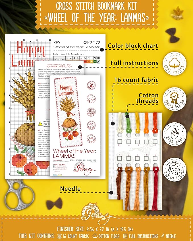 Povitrulya Counted Cross Stitch Kit “Lammas/Lughnasadh“ – DIY Bookmark Embroidery Set for Adults & Beginners, First Harvest Pagan Celtic Rustic Seasonal Autumn Gift
