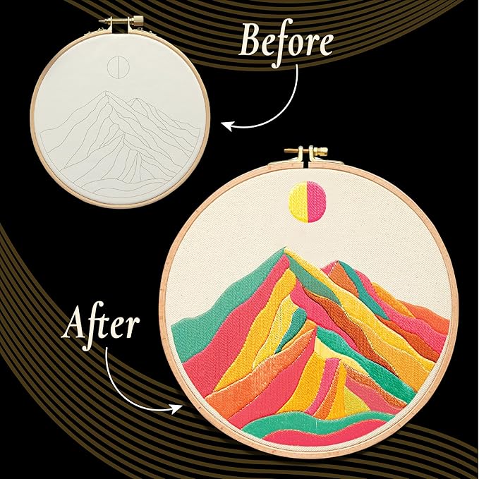 Unwynd Embroidery Kit Landscape Theme for Beginners, Satin Stitch Hand Embroidery Kit for Adults, Easy DIY Craft, Easter Gifts with Mountain Sun Pattern.