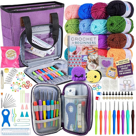 JC CRAFT Deluxe Beginner Crochet Kit – 116-Piece Set with 20 Yarns, Ergonomic Hooks, Accessories, Book for Beginners & Online Tutorial – DIY Starter Kit for Adults & Teens with Purple Bag & Case