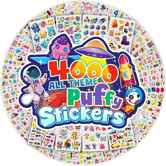 puffy stickers for kids toddlers, small 3d sticker variety pack, kid stickers sheets bulk, mini party favor for kids girls boy,80 sheets 4000+ unique patterns as teachers rewards gifts