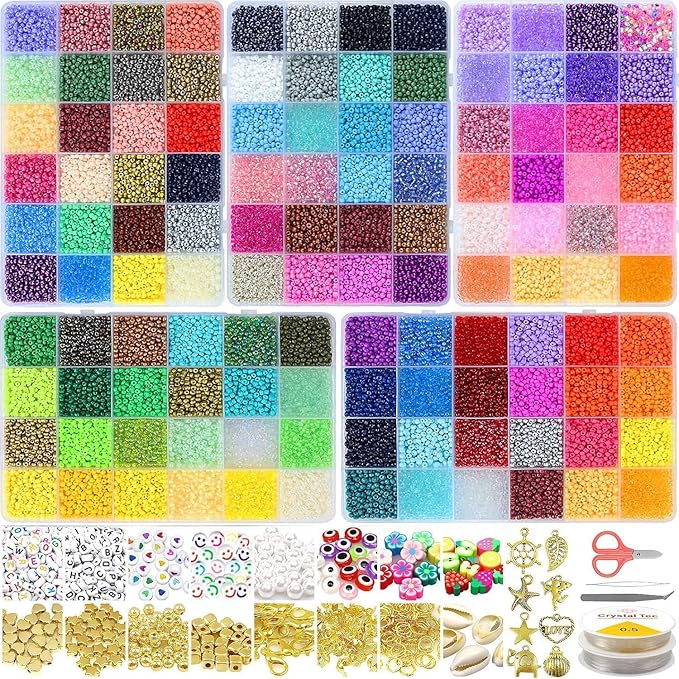 32400pcs Glass Seed Beads for Jewelry Making Kit, 120 Colors 3mm Small Beads Kit Bracelet Beads with Letter Evil Eye Beads Jump Rings & Charms Pendants for Bracelets Making, DIY, Adult Craft Supplies