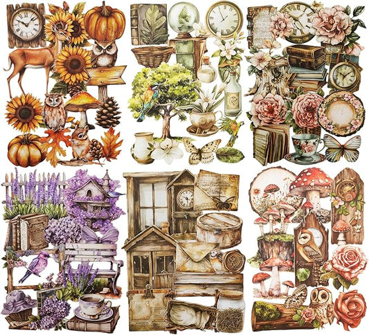 Woodland Forest Cardstock Sticker Set, 150PCS Vintage Nature-Themed Stickers for Scrapbooking, Journaling, Collage, and DIY Crafts