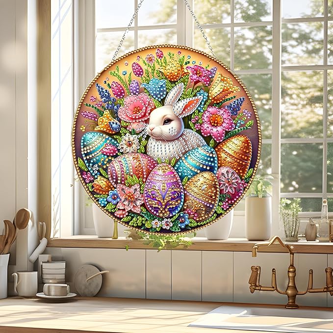 JJFox Rabbit Easter Egg Diamond Art Hanging Kit for Adult,Special Shaped Rhinestone,DIY Acrylic 5D Diamond Art Painting Window Pendants Home Garden Wall Hanging Kits Hanging Ornament,Double Sided
