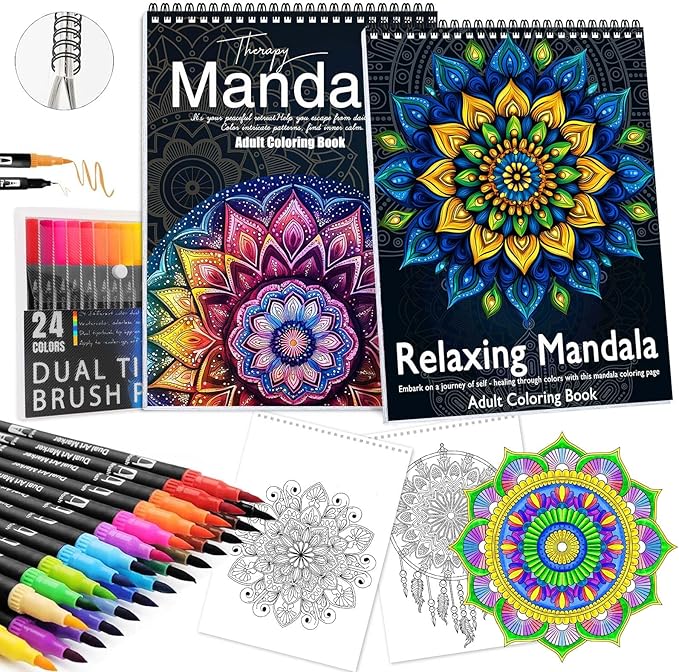 Adult Coloring Book for Women Relaxation, Spiral Bound Mindfulness Coloring Book with 24 Colors Markers for Adult, Anxiety Relief Gifts with 48 Pictures (Hand-Drawn Mandala)
