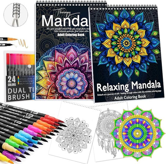 Adult Coloring Book for Women Relaxation, Spiral Bound Mindfulness Coloring Book with 24 Colors Markers for Adult, Anxiety Relief Gifts with 48 Pictures (Hand-Drawn Mandala)