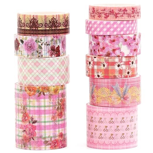 10 Rolls Vintage Floral Washi Tape Set Pastel Plaid Arts Adhesive Tapes Soft Colors Decorative Masking Tape Sets for Craft, Kids, Scrapbook, DIY, Gift Wrapping (Pink Blossom)