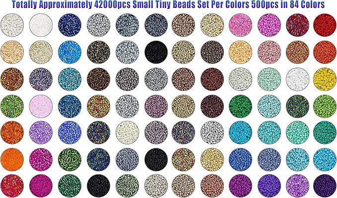 42000Pcs 2mm Glass Seed Beads 12/0 Small Tiny Beads Kit with 150Pcs Alphabet Letter Beads Pendants Charms Jump Ring Elastic String for DIY Bracelets Necklace Jewelry Making Supplies