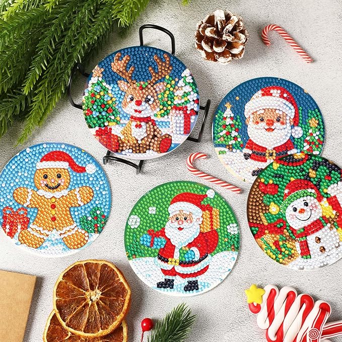 UPINS 8 Pcs Christmas Diamond Art Coasters,Christmas Themed Coasters with Holder Craft Supplies for Holiday Decor Gifts