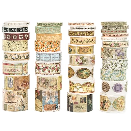 36 Rolls Vintage Washi Tape Pack Retro Arts Adhesive Tapes Wide Chronicle Decorative Masking Tape Sets for Craft, Kids, Scrapbook, DIY, Gift Wrapping (Madame de Pompadour)