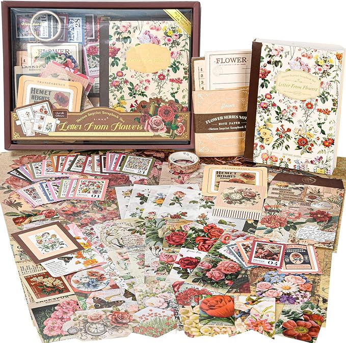 Scrapbook Supplies Kit, Cottagecore Aesthetic Junk Journal Kit, Scrapbooking Kit with Bullet Journaling Stickers, Stationary Set, Vintage Ephemera Collage Craft Supplies Gift for Adults Women Beginner