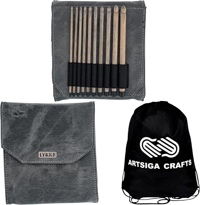 Lykke Driftwood 6 in. Set Sizes 3.5, 3.75, 4.0, 4.5, 5.0, 5.5, 6.0, 6.5, 8.0, 9mm Crochet Hooks for Sport, Baby, DK, Worsted, Chunky Yarn, Birchwood with Grey DM Case, Project Bag