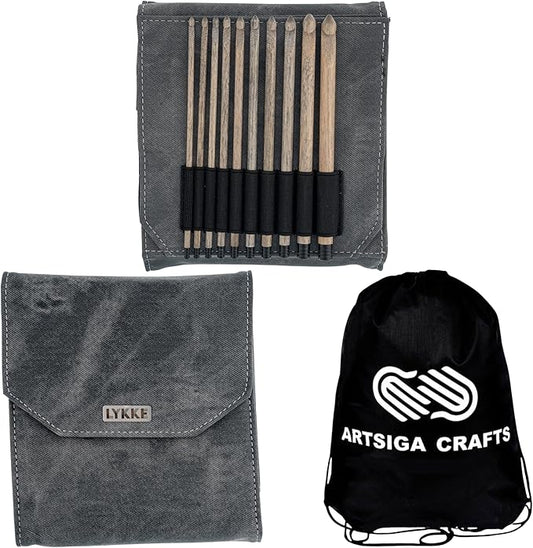 Lykke Driftwood 6 in. Set Sizes 3.5, 3.75, 4.0, 4.5, 5.0, 5.5, 6.0, 6.5, 8.0, 9mm Crochet Hooks for Sport, Baby, DK, Worsted, Chunky Yarn, Birchwood with Grey DM Case, Project Bag