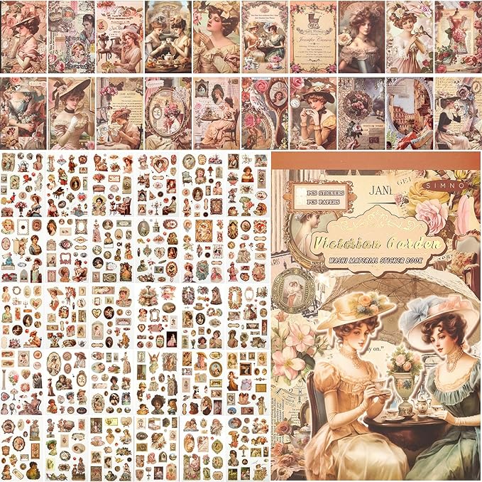 Victorian People Scrapbook & Sticker Book for Adults - 450 Pre-Cut Washi Stickers, Scrapbook Paper, Junk Journal Sticker and Vintage Stickers for Scrapbooking