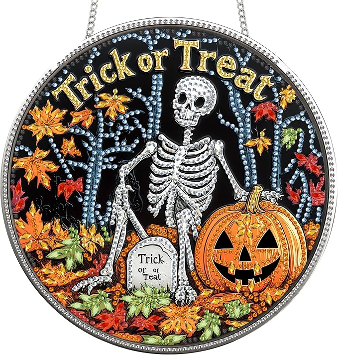 Reofrey Hanging Diamond Art Kits for Adults - 8x8 Inch Halloween Skeleton Acrylic Board Double Sided Pattern Diamond Art Suncatcher Pendant, Crystal Art for Home Wall or Window Decoration Gift