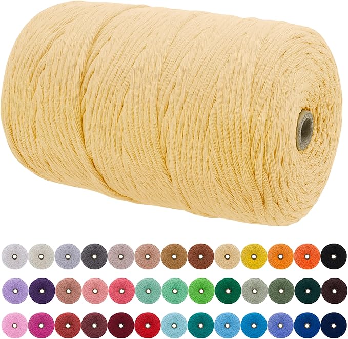 JeogYong Single Strand Macrame Cord 3mm x 218 Yards (656 Feet) Soft Cotton Rope Macrame Yarn 3 mm Macrame Cord, Macrame Supplies for Crafts Wall Hangings Plant Hangers Decorations (Light Yellow)