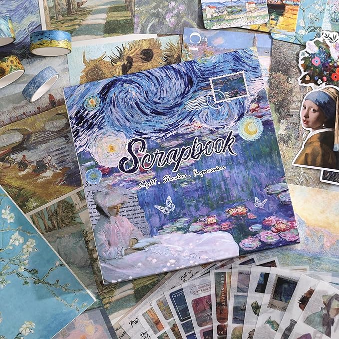 Scrapbooking Supplies Kit, Monet Van Gogh Oil Painting Theme Scrapbook Kit for Bullet Junk Journal, 12 Rolls Washi Tape, Stickers Papers for DIY Journaling Supplies, Craft Gift for Women Teenage