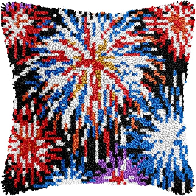 Manzapu Latch Hook Pillow Kits for Adults Beginner 17x17 inch - 43x43 cm Cute Small Shaggy Pillow Making Kits with Pre-Cut Yarn, Coded Canvas ＆ Crochet Hook Tool - Relaxing DIY Craft Gift