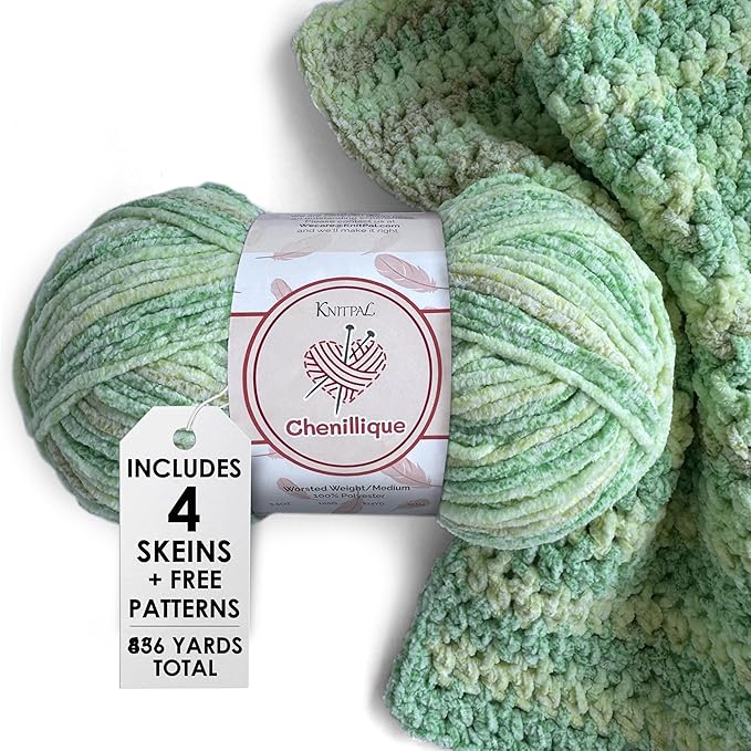 Chenillique Velvet Chenille Yarn for Crocheting, 4-Pack (856Yds / 400G), Free Patterns, Beginners Friendly - Soft Baby Yarn for Knitting Baby Blanket - #4 Medium Worsted Weight - Spring Green