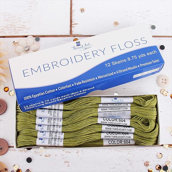 12 Skeins ThreadArt Premium Egyptian Long Fiber Cotton Embroidery Floss | Avocado | 6 Strand Divisible Thread 8.75yds Each for Hand Embroidery, Friendship Bracelets, Cross Stitch and Crafts