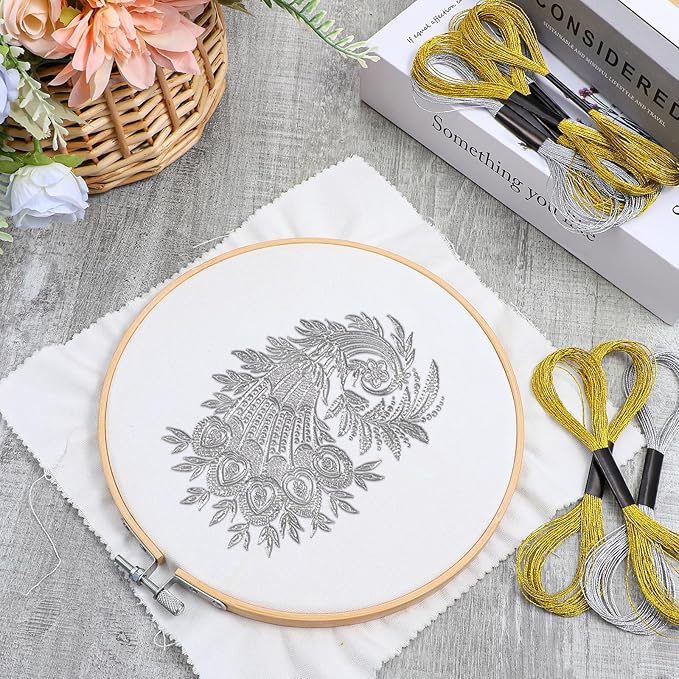 12 Skeins Metallic Embroidery Thread, Embroidery Floss Metallic Thread Glitter Threads String Cross-Stitch Threads for Sewing Making Yarn Hand Accessories(Gold+Silver)