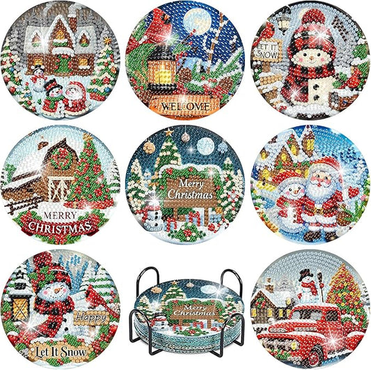 8 PCS Christmas Diamond Art Coasters Winter Diamond Painting Coasters Kits with Holder DIY for Beginners, Adults, Diamonds Art Crafts Supplies