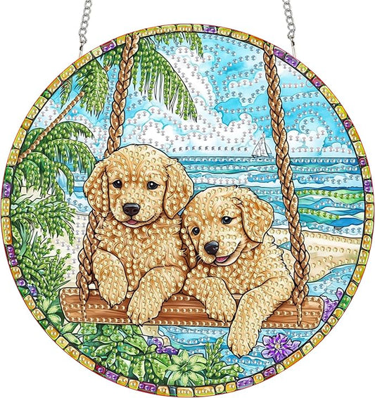 Bimkole Swing Dog Diamond Art Hanging Kit for Adult, DIY 5D Diamond Art Animal Window Pendant, Acrylic Crystal Art Hanging Ornament Home Wall Garden Front Door Sign Outdoor Decor 7.8x7.8 Inch