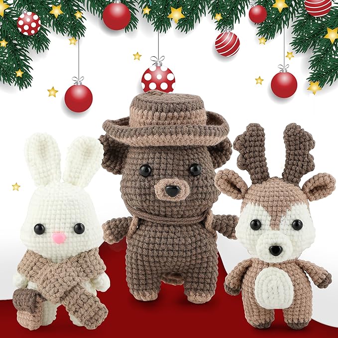 DoodleTwyst Amigurumi Crochet Kit – DIY Crochet Kit with Yarn & Tools – Fun Crochet Kits for Adults to Make Bear, Bunny & Reindeer Stuffed Animals